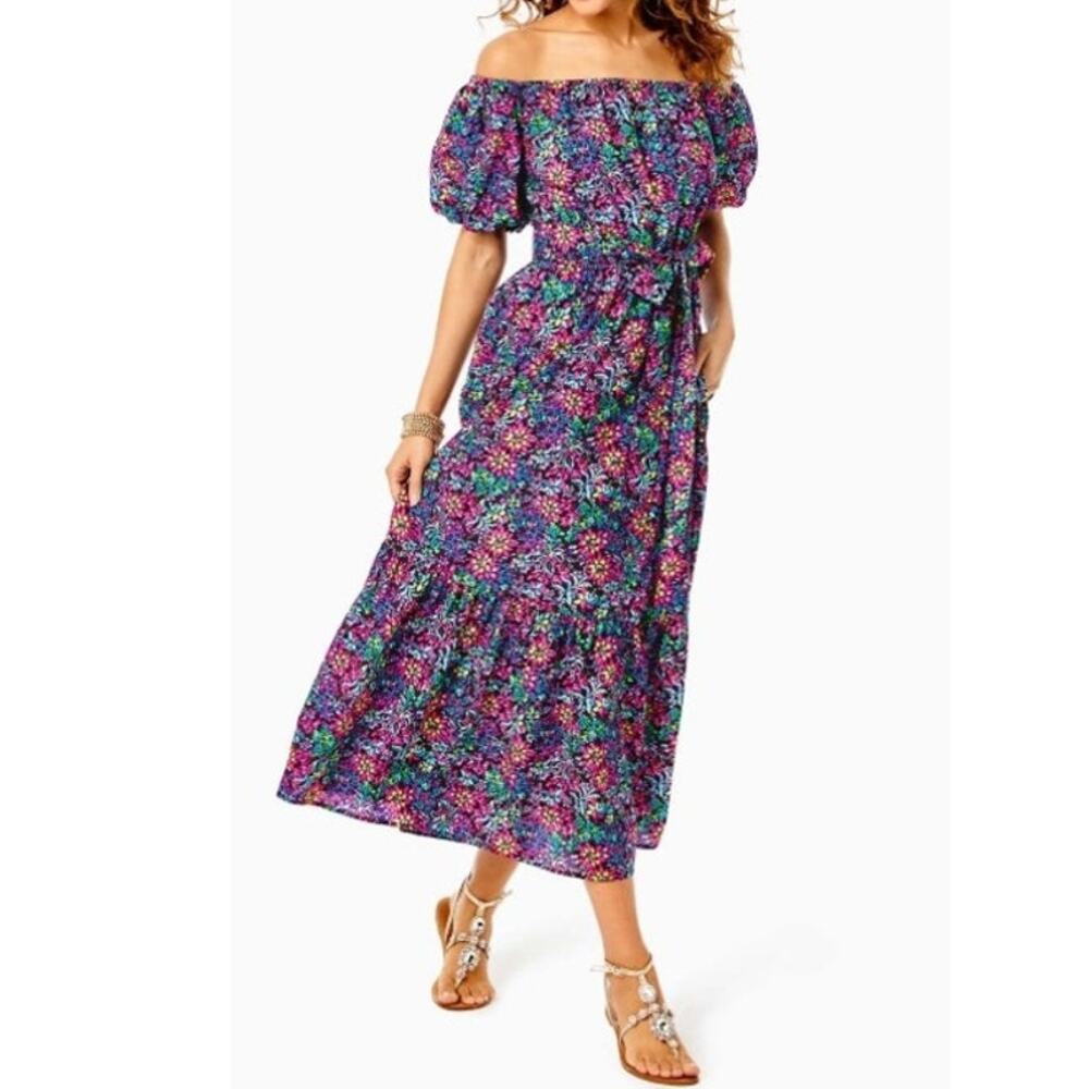 Lilly Pulitzer Tamie Off The Shoulder Midi Dress In Feeling Fintastic Size XS - Picture 2 of 11